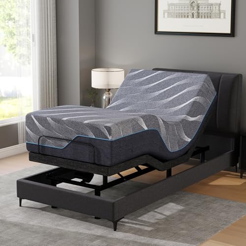 Vipbear Twin XL Adjustable Bed Frame with Mattress, 12 Inch Grey Gel Memory Foam Firm Mattress in Box, Adjustable Beds with Updated Thickened Frame,Wireless Remote, Separate Head/Foot Lift