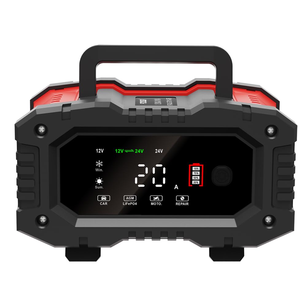 W pełni automatyczna ładowarka FOXSUR 300 W 12 V 20 A i 24 V 10 A Przenośna ładowarka podtrzymująca i konserwator akumulatorów z wyświetlaczem LCD do samochodów ciężarowych SUV,