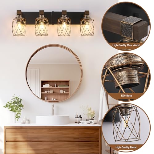 Image of 4-Light Black Gold Farmhouse Vanity Light, Wood & Metal Cage Shade