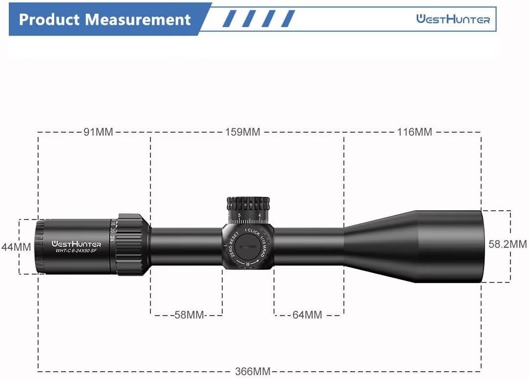 WestHunter Optics WHT-C 6-24X50 SFP Riflescope, 30mm Tube Second Focal Plane 1/10 MIL Precision Shooting Scope