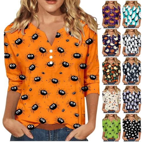 Womens Halloween Shirts,Halloween Tshirts Women 3/4 Sleeve Pumpkin Ghost Graphic Tees V Neck Button Down Holiday Costumes Fall Outfits(Orange1,Small) - image 1