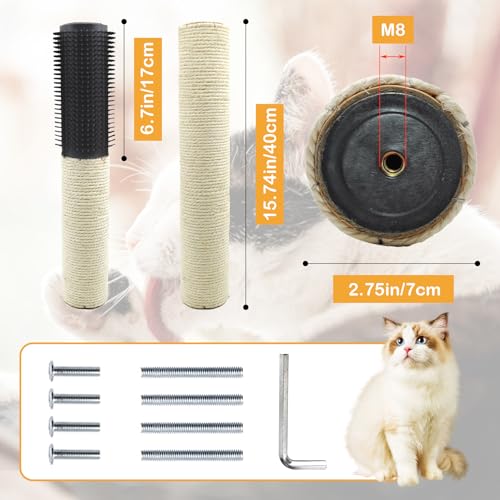 Image of Cat Scratching Post Replacement,15.7 in M8 Cat Tower Replacement Poles with Self Groomer Massage Natural Sisal Refill Pole Parts Climbing Tickling Clawing for Indoor Cats Furniture Accessories