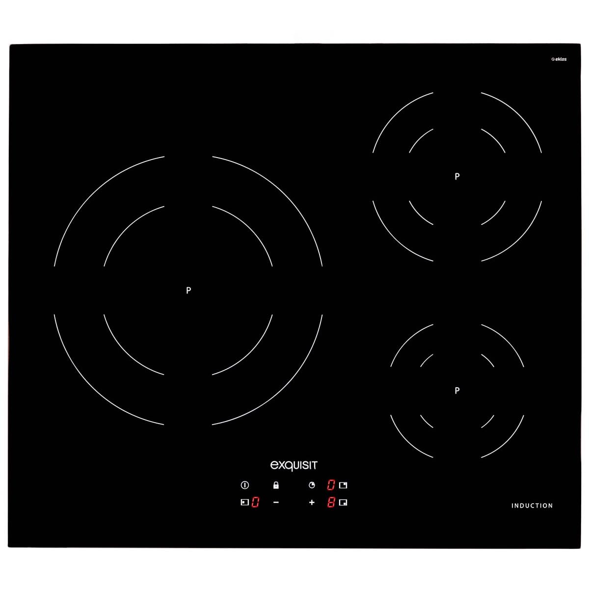 Exquisit Induction hob, 7200W, 3 zones, PowerBooster function, cooking time programming, safety lock, recognition of containers, measures 6.3 x 59 x 52 cm.