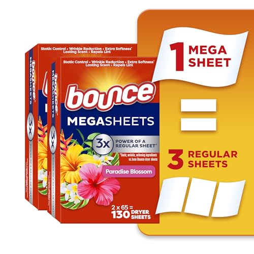 Bounce Mega Dryer Sheets, Paradise Blossom, 130 Count, Mega Fabric
