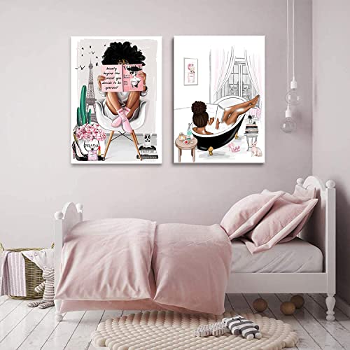 2 Pieces Framed African American Wall Art Modern Fashion Paris Pink White Afro Black Girls Women Canvas Wall Decor Pictures Posters Prints Artwork For Bathroom Living Room Bedroom Home Decoration #TOP4