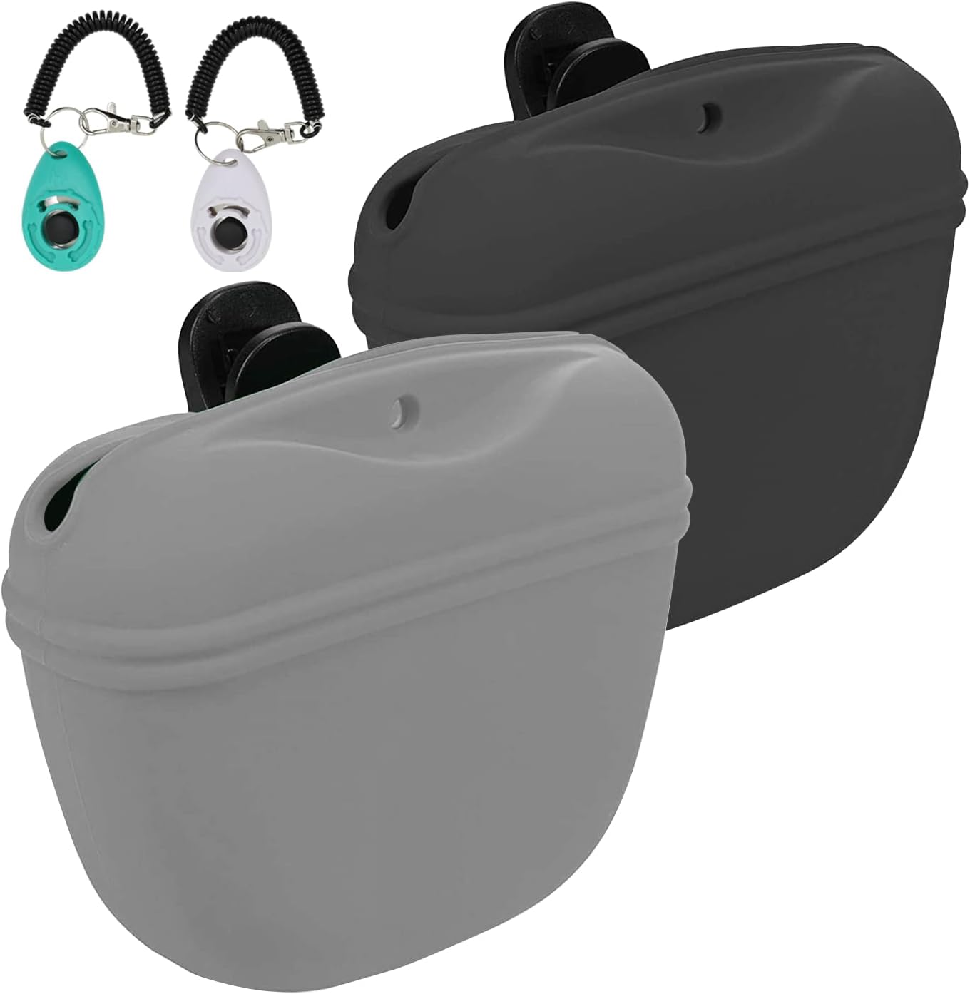 MGKSHADOW Dog Treat Pouch 2 Pack, Dog Treat Training Pouch, Silicone Pet Treat Bag BPA Free/Clip/Magnetic Dog Walk (Grey & Black & Clickers)
