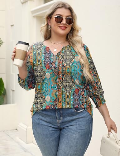Rapbin Womens Plus Size Tops 3/4 Sleeve Blouses Shirts Casual V Neck Loose Tunic Tops 1X-5X