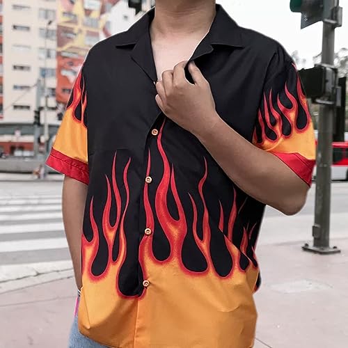 YEMOCILE Button Down Flame Shirt for Men Women Oversized Short Sleeve T-Shirt4