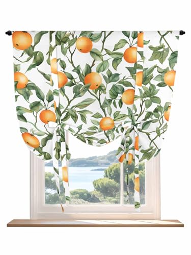 Tie Up Curtains for Windows Summer Orange Green Leaves Roman Shade 52 x 45 Inch Bathroom Curtains Window Farmhouse Botanical Rod Pocket Short Balloon Curtain for Living Room Kitchen Small Blinds