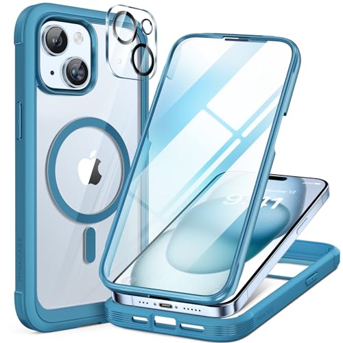 Miracase iPhone15 用 ケース MagSafe対応 9H 強化ガラス 360°保護 スマホケース いPhone15 用 カバー 全身バンパー保護ケース 6.1インチ フルカバー ワイヤレス充電対応 マグセーフ対応 マグネット搭載 マリンブルー