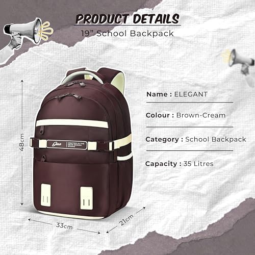 Image of Gear Elegant 19 inch /35L Large Water Resistant School Bag | Casual Backpack | Daypack | Travel Backpack | Kids Bag for Boys /Girls (Brown - Cream)