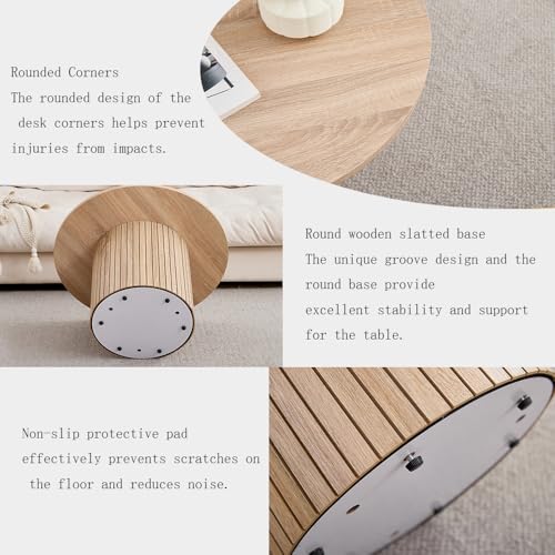 Miniatura 4 de Grandca Home - Juego De 2 Mesas De Centro Redondas, Mesa Auxiliar De Sofá Redonda, Tablero De Mdf Con Base De Listones De Madera, Ideal Para Sala De Estar Y Oficina Veta De Madera Natural