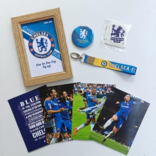 Image of TenorArts Chelsea Gift Box Merchandise for Fans - 5x7 Inches Laminated Photo Frame,1 Chelsea Keychain, 1 Badge, 4 4x6 inches Sized Posters, 10 Multi sized Football Stickers - 5 items in 1 Box | Perfect for Gifting Fans
