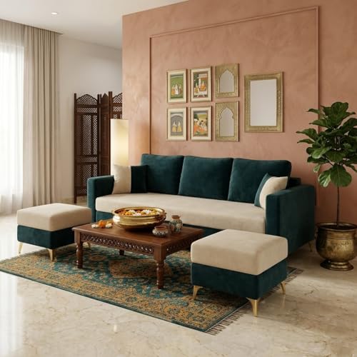 Image of Classiq Rich 5 Seater L Shape Sofa Set with 2 Movable Ottomans | Flexible Layout | Rich Velvet Suede Fabric | Silver Legs | Dual Tone Modern Sofa for Living Room (Greenish Teal-Cream)