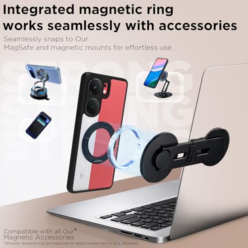 Image of RIGGEAR Shockproof Sleek Hybrid Armor 360 Rotating Magnetic Ring Stand Back Cover Case Compatible with MagSafe Accessories for iQOO Neo 9 Pro 5G (Clear PC + Black TPU Bumper)