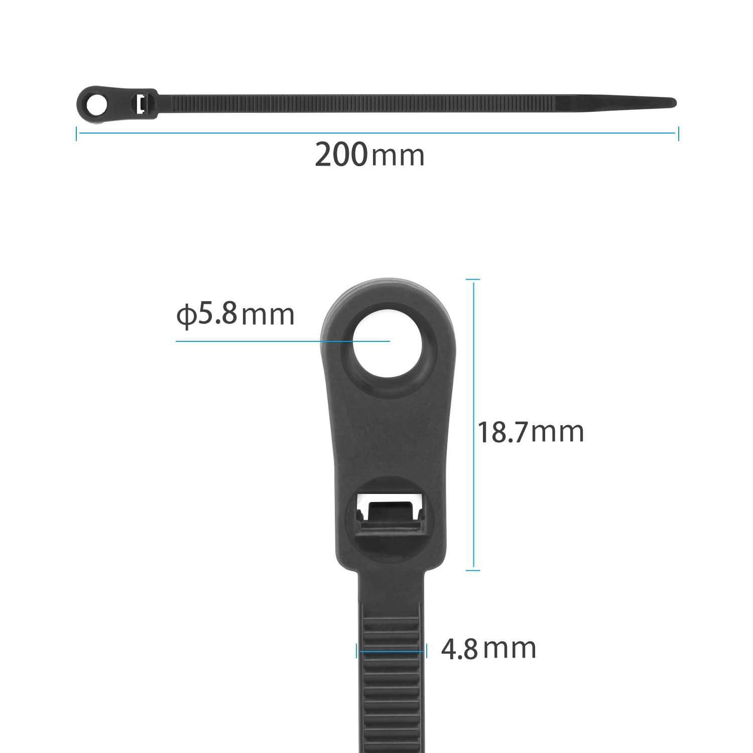 XINGO 250 PCS Black Zip Ties with Screw Hole 7.5 Inch, 75 lbs Mountable head Cable Tie, Multipurpose Heavy Duty Nylon Zip Tie for Indoor & Outdoor Use