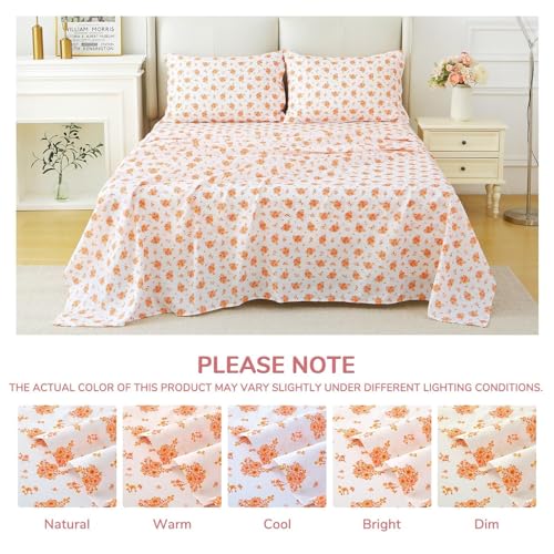 Image of MUXHOMO Queen Size 4 Piece Sheet Set, Soft & Breathable Sheet Set for Bedroom with Deep Pocket Up To 16 inch, Wrinkle-Free & Cooling Bed Sheet with Flat Sheet, Fitted Sheet & Pillowcases - Blossoms Orange