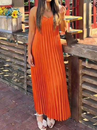 Image of Women's Summer Casual V Neck Sleeveless Strappy Pleated Flowy Loose Maxi Long Beach Dress
