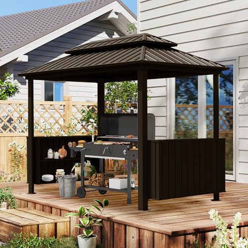 Domi 6x10FT Hardtop Grill Gazebo, Outdoor Metal BBQ Gazebo with Galvanized Steel Double Roof, 2 Double-Layer Storage Cabinets and Ceiling Hooks, Permanent Grill Canopy for Patio Backyard Garden,Brown