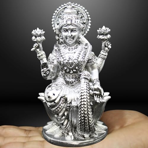 Image of Goddess Lakshmi Laxmi Devi MATA Idol - 4.5 Inches Polystone Material Murti - Colour- Brass, Silver - Perfect Statue for Car Dashboard, Home, and Office Decor Indian God Small Size (Silver)