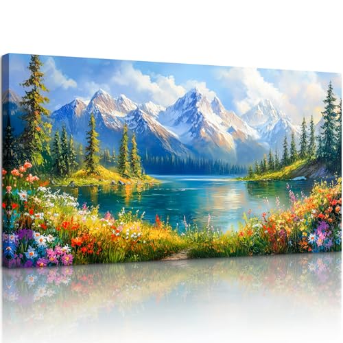 crmotu Spring Landscape Wall Art, Snow Mountain Lake Large Artwork, Colorful Meadow Wildflower Canvas Pictures, Nature Wilderness Paintings Wall Decor Living Room Bedroom Kitchen Farmhouse 24x48 Inch