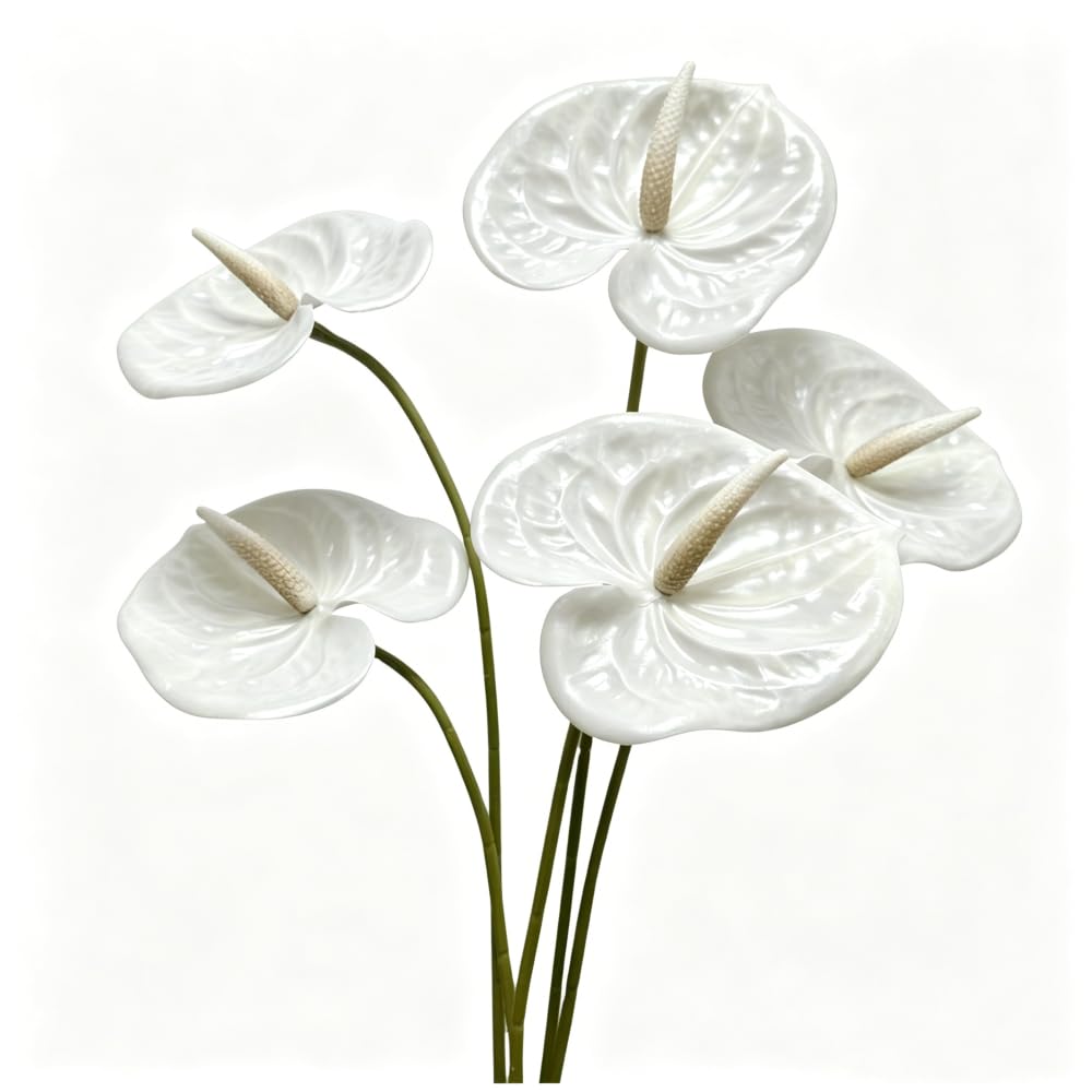 Rikyo Pure White 5 Pc 24Inch Artificial Anthurium Lily Flowers Permanent For Home Decor Bouquet And Green Leaf For Home Bridal Wedding Festival Party, Crafts, Store Decor Small Flower Bouquet Accessories (Pure White)