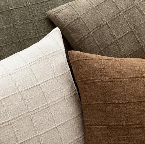 Image of Foindtower Set of 1 Decorative Linen Check Throw Pillow Cover Neutral Farmhouse Vintage Cushion Cover Modern Boho Home Decor for Sofa Chair Couch Bedroom Living Room,20x20 Inch,Light Brown