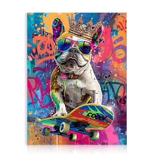 Dazzlewall Œuvre Murale Graffiti Drôle d'un Chien Jouant au Skateboard, Poster Coloré d'Image Animalière pour la Décoration de Chambre ou Pièce 30x40 cm Sans Cadre