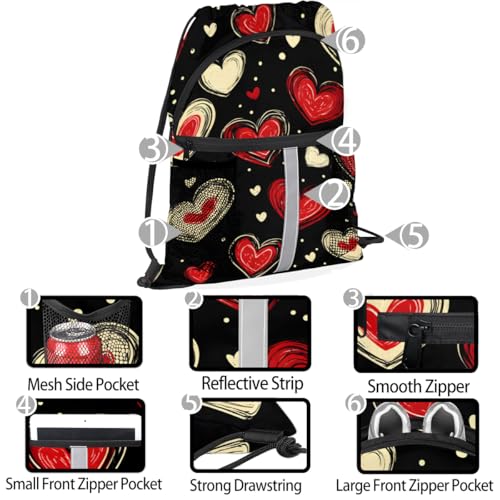 Hearts Printing Drawstring Backpack Waterproof String Bag Sackpack Valentine's Day Cinch Sack for Traveling Gym Sports with Mesh Pockets4