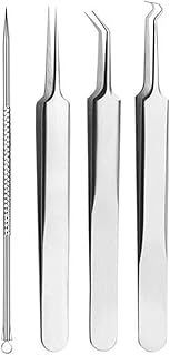4 pcs Blackhead Remover Comedone Extractor, Acne Clip, Curved Blackhead Tweezers Kit, Professional Stainless Pimple Acne Blemish Removal Tools Kit (Acne 4-Piece Set)