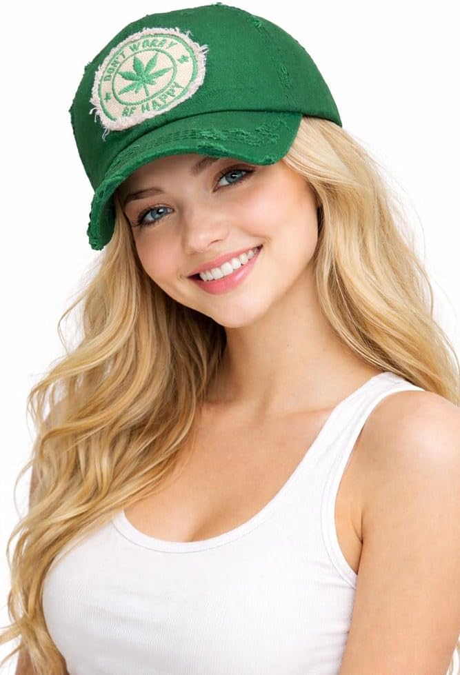 ScarvesMe Unisex Don’t Worry Be Happy Marijuana Leaf Cotton Vintage Washed Distressed Stitch Baseball Cap Hat