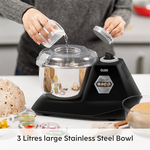 Image of Glen Automatic Electric Atta Maker Machine, 3 Litre, 650W, Dough Kneader, Dough Mixer with Large Stainless Steel Bowl with Lid, Hands-free kneading -Black (SA-3032DMBL)