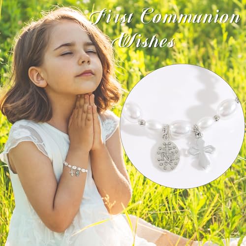 Image of BAYLAY First Communion Baptism Confirmation Gifts for Kids Girls - Cross Bracelet for Girls Pearl Bracelet First Communion Baptism Confirmation Bracelet
