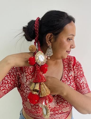 Image of Zippy Flora Handmade Sajni Boho Cotton Parandi |Traditional Hair Accessory with Tassles & Ghoonghru | Hair Extension | Choti for Women | Sajni Parandi (Red) | 22 Inches Length