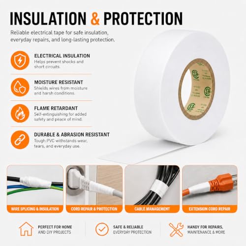 Image of 3 /4 inch x 66ft White Electrical Tape, V-0 Flame Retardant, 600V Rated