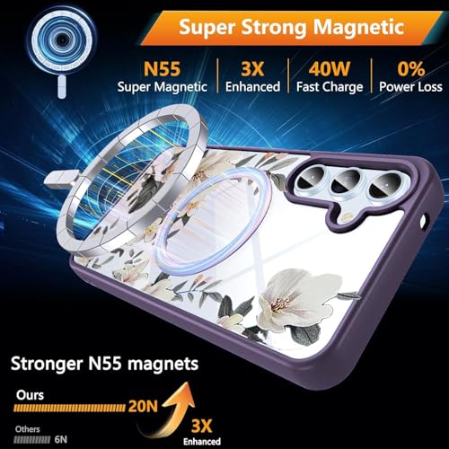 Image of VONZEE Compatible with Samsung Galaxy S25 FE 5G Case Luxury Retro Flowers Floral Clear for Magnetic Wireless Charging Case Shockproof PC+TPU Cute Glossy Shiny Cover for Girls Women, Deep Purple