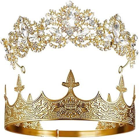 Sureio 2 Pcs Antique Royal King Crown for Men Baroque Queen Crown for Crystal Tiara Prom Cosplay Birthday Wedding Party Hair Headband Accessories(Elegant Style) Cover