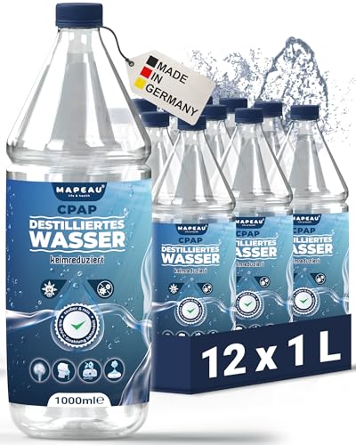Mapeau CPAP Wasser für Sauerstoffkonzentrator destilliertes Wasser für CPAP Geräte Atemgasbefeuchtung keimreduziert Luftbefeuchter Inhalator (12x 1 Liter)