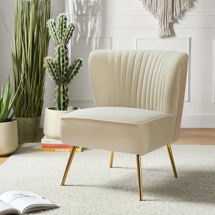 Image of Modern Upholstered Accent Velvet Chair Single Seater Channel Tufted Wing Back Chair with Golden Matel Legs for Living Room, Bedroom, Dining Room, Havana