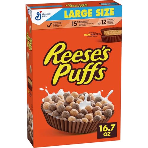 REESE'S PUFFS Breakfast Cereal, Chocolatey Peanut Butter Cereal, Large Size, 16.7 oz