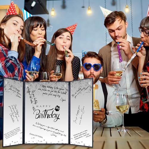 Image of Crenics Black and White Birthday Decorations Women Men, Creative Birthday Guest Signature Book Alternative 18 inch x 12 inch, Great Party Gifts for Girls or Boys