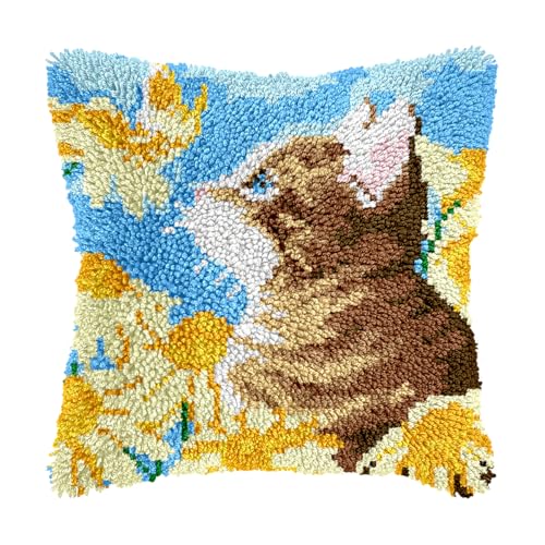 Image of bositigo Cat Latch Hook Pillow Kit for Adults & Kids, DIY Pre-Printed Canvas Craft, 17x17 Inch Decorative Cover for Sofa Cushions, Bedroom Decor (Cat Pattern 42)