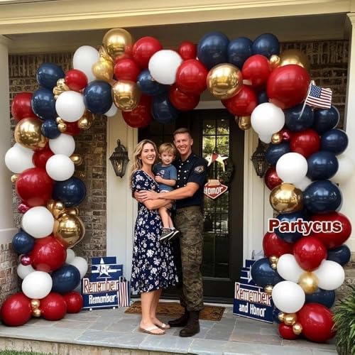 Image of Red White Blue Balloon Arch Double Stuffed, Navy Blue Dark Ruby Red Balloon Garland Kit with Latex Gold for Birthday 4th Of July Patriot Graduation Independence Day Veterans Day Party Decoration