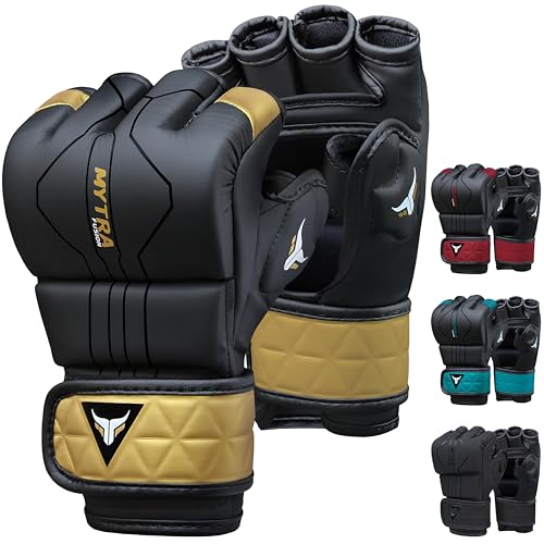 Mytra Fusion Guantes MMA con Palma Abierta ventilada Guantillas MMA Kickboxing, Grappling, Entrenamiento, Lucha en Jaula Guantes de Artes Marciales Mixtas (L, Black/Gold)