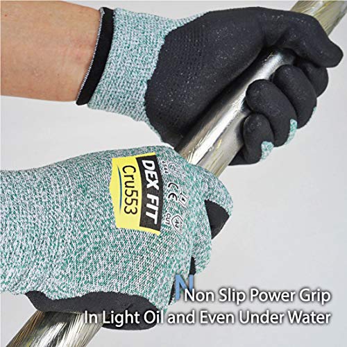Image of DEX FIT Level 5 Cut Resistant Gloves Cru553, 3D Comfort Stretch Fit, Power Grip, Durable Foam Nitrile, Pass FDA Food Contact, Smart Touch, Thin & Lightweight, Green 10 (XL) 3 Pairs