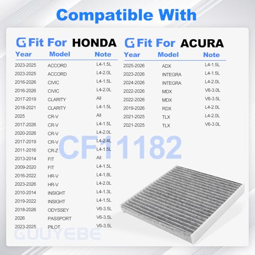 Image of Cabin Air Filter With Activated Carbon,For Honda 2023-2025 Accord 2016-2026 Civic CRV Pilot Odyssey HRV FIT Clarity CRZ Insight Passport,For Acura 2022-2026 MDX RDX TLX Integra ADX,For CF11182