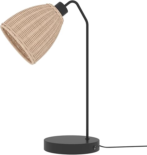 Maxax Lámpara de mesa de ratán con puertos USB y tipo C, lámpara de noche negra de granja, lámpara de mesita de noche moderna de metal con pantalla