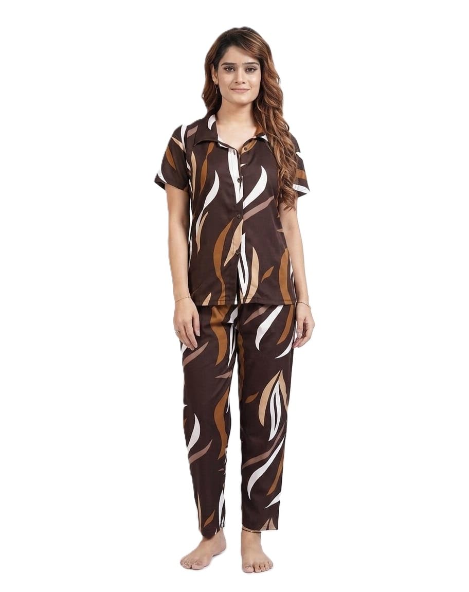Sleep Well Sarina Night Suit for Women Comfortable Printed NightDesign Set Casual Home Lounge Dress Brown 2XL-image-34