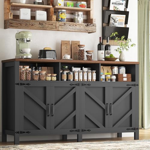 knoworld Buffet Sideboard with Storage Farmhouse with 4 Doors, 55'' Large Kitchen Storage Cabinet Wood Coffee Bar Cabinet Buffet Table with Shelves for Kitchen, Dining Room, Entryway (Black, 55 in)