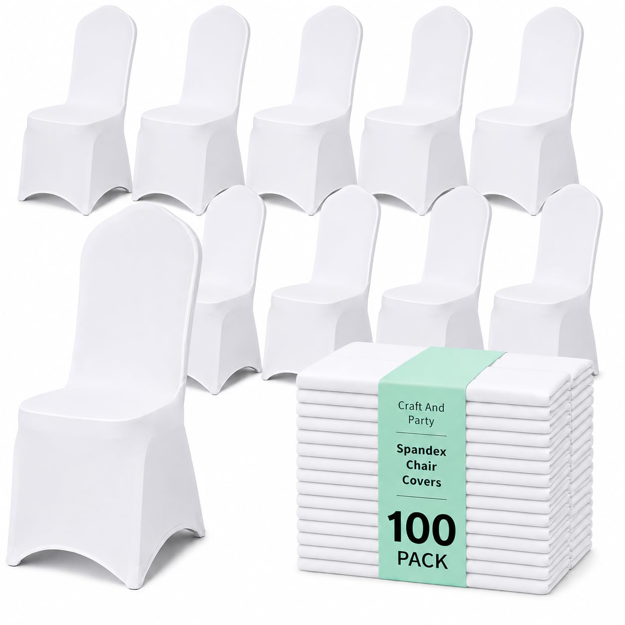 100 Pack White Spandex Chair Covers – Stretch Polyester Slipcovers for Wedding, Banquet, Party &amp; Dining Chairs – Flat Front Design, Universal Fit